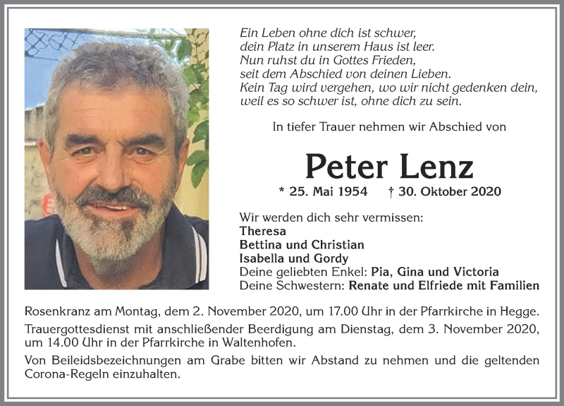  Traueranzeige für Peter Lenz vom 31.10.2020 aus Allgäuer Zeitung,Kempten
