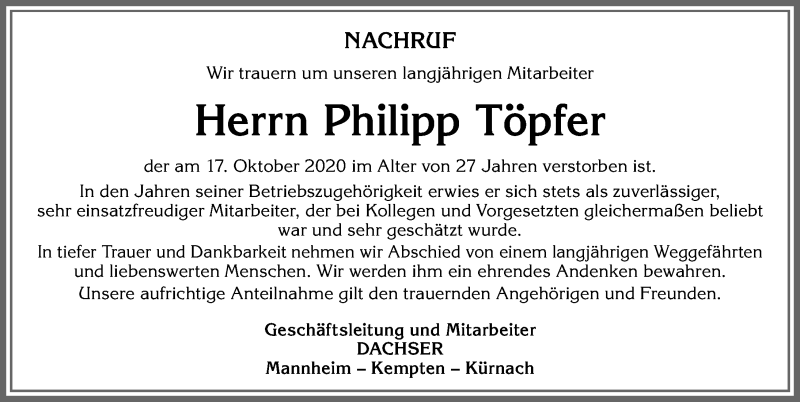  Traueranzeige für Philipp Töpfer vom 31.10.2020 aus Allgäuer Zeitung,Kempten