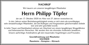 Traueranzeige von Philipp Töpfer von Allgäuer Zeitung,Kempten