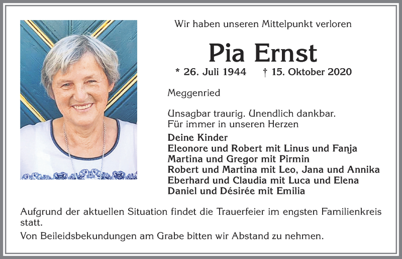  Traueranzeige für Pia Ernst vom 26.10.2020 aus Allgäuer Zeitung,Kempten