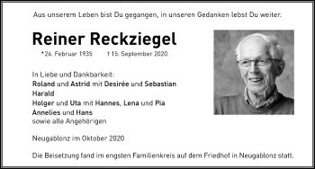 Traueranzeige von Reiner Reckziegel von Allgäuer Zeitung, Kaufbeuren/Buchloe