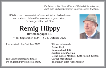 Traueranzeige von Remig Hüppy von Allgäuer Anzeigeblatt