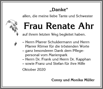 Traueranzeige von Renate Ahr von Allgäuer Zeitung,Kempten