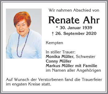 Traueranzeige von Renate Ahr von Allgäuer Zeitung,Kempten