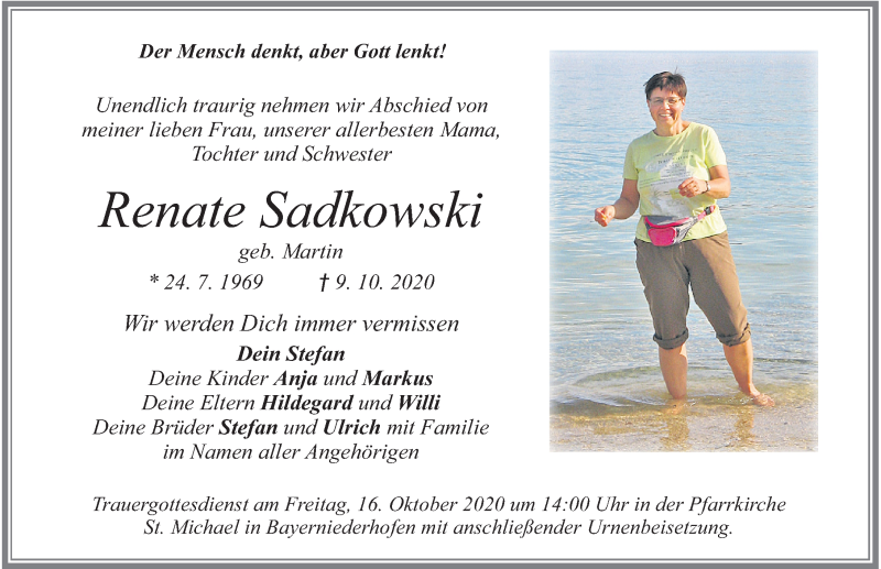  Traueranzeige für Renate Sadkowski vom 14.10.2020 aus Allgäuer Zeitung, Füssen