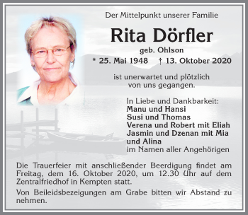 Traueranzeige von Rita Dörfler von Allgäuer Zeitung,Kempten