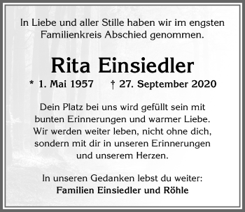 Traueranzeige von Rita Einsiedler von Allgäuer Zeitung,Kempten