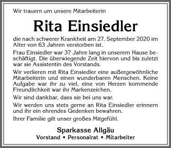 Traueranzeige von Rita Einsiedler von Allgäuer Zeitung,Kempten