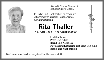 Traueranzeige von Rita Thaller von Allgäuer Anzeigeblatt