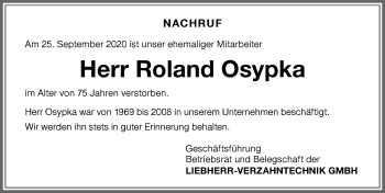 Traueranzeige von Roland Osypka von Allgäuer Zeitung,Kempten