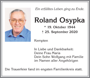 Traueranzeige von Roland Osypka von Allgäuer Zeitung,Kempten