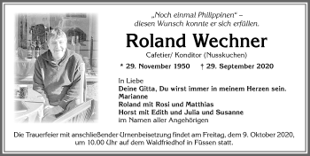 Traueranzeige von Roland Wechner von Allgäuer Zeitung, Füssen