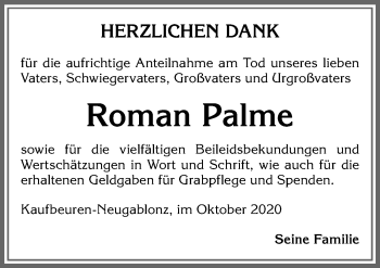 Traueranzeige von Roman Palme von Allgäuer Zeitung, Kaufbeuren/Buchloe