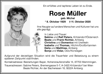 Traueranzeige von Rose Müller von Memminger Zeitung