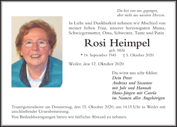 Traueranzeige von Rosi Heimpel von Der Westallgäuer