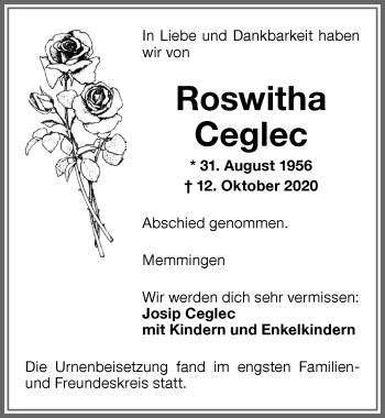 Traueranzeige von Roswitha Ceglec von Memminger Zeitung