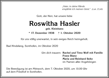 Traueranzeige von Roswitha Hasler von Allgäuer Anzeigeblatt