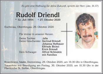 Traueranzeige von Rudolf Driendl von Allgäuer Zeitung, Marktoberdorf