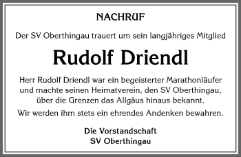 Traueranzeige von Rudolf Driendl von Allgäuer Zeitung, Marktoberdorf