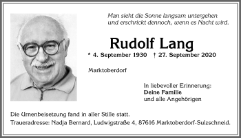 Traueranzeige von Rudolf Lang von Allgäuer Zeitung, Marktoberdorf
