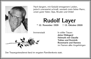 Traueranzeige von Rudolf Layer von Allgäuer Anzeigeblatt