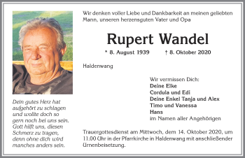 Traueranzeige von Rupert Wandel von Allgäuer Zeitung,Kempten