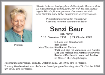 Traueranzeige von Senzi Baur von Allgäuer Zeitung, Kaufbeuren/Buchloe