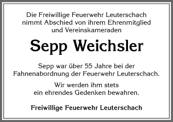 Traueranzeige von Sepp Weichsler von Allgäuer Zeitung, Marktoberdorf