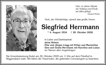 Traueranzeige von Siegfried Herrmann von Allgäuer Zeitung,Kempten
