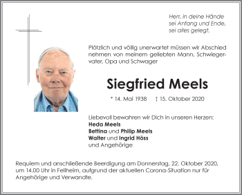 Traueranzeige von Siegfried Meels von Memminger Zeitung
