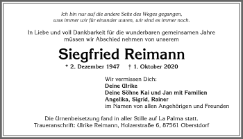 Traueranzeige von Siegfried Reimann von Allgäuer Anzeigeblatt