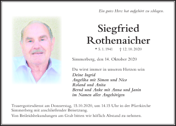 Traueranzeige von Siegfried Rothenaicher von Der Westallgäuer