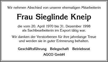 Traueranzeige von Sieglinde Kneip von Allgäuer Zeitung, Marktoberdorf