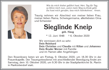 Traueranzeige von Sieglinde Kneip von Allgäuer Zeitung, Marktoberdorf