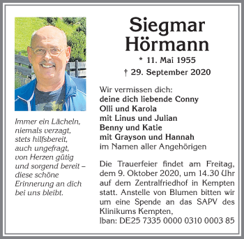 Traueranzeige von Siegmar Hörmann von Allgäuer Zeitung,Kempten