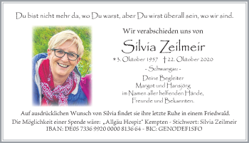 Traueranzeige von Silvia Zeilmeir von Allgäuer Zeitung, Füssen