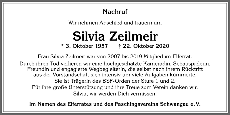  Traueranzeige für Silvia Zeilmeir vom 28.10.2020 aus Allgäuer Zeitung, Füssen