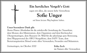 Traueranzeige von Sofie Unger von Allgäuer Zeitung, Kaufbeuren/Buchloe