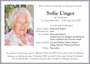 Traueranzeige von Sofie Unger von Allgäuer Zeitung, Kaufbeuren/Buchloe
