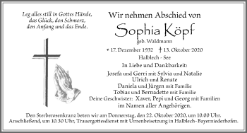 Traueranzeige von Sophia Köpf von Allgäuer Zeitung, Füssen