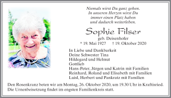 Traueranzeige von Sophie Filser von Allgäuer Zeitung, Marktoberdorf