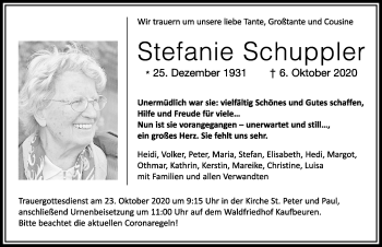Traueranzeige von Stefanie Schuppler von Allgäuer Zeitung, Kaufbeuren/Buchloe