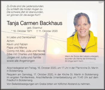 Traueranzeige von Tanja Carmen Backhaus von Allgäuer Zeitung,Kempten