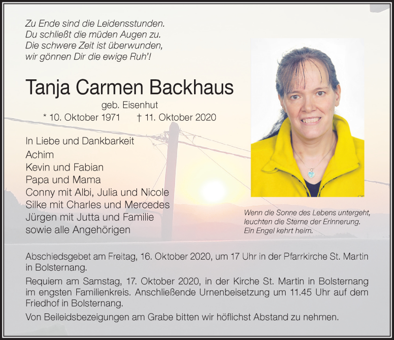  Traueranzeige für Tanja Carmen Backhaus vom 16.10.2020 aus Allgäuer Zeitung,Kempten
