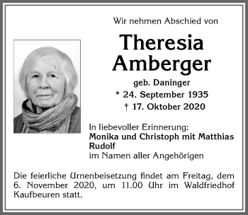 Traueranzeige von Theresia Amberger von Allgäuer Zeitung, Marktoberdorf