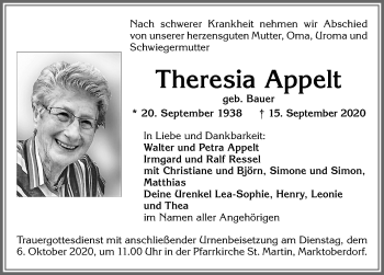 Traueranzeige von Theresia Appelt von Allgäuer Zeitung