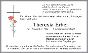 Traueranzeige von Theresia Erber von Allgäuer Zeitung,Kempten