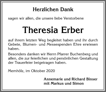 Traueranzeige von Theresia Erber von Allgäuer Zeitung,Kempten