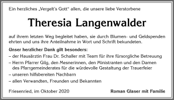 Traueranzeige von Theresia Langenwalder von Allgäuer Zeitung, Marktoberdorf