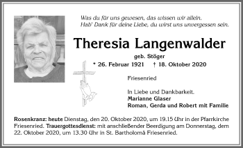 Traueranzeige von Theresia Langenwalder von Allgäuer Zeitung, Marktoberdorf